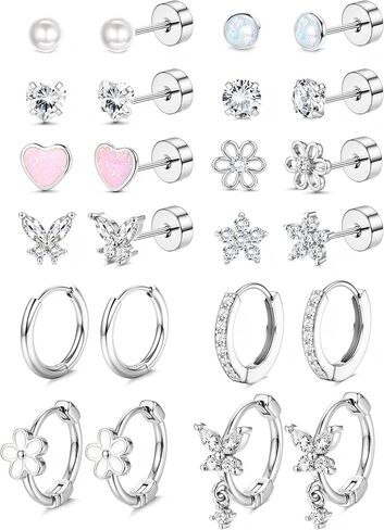 LOLIAS Hypoallergenic Flat Back Earrings for Women Girls-Cute Toddler Kids Teen Girls Earring Set-Surgical Steel Earrings for Sensitive Ears-14K Gold Plated Stainless Steel Flatback Studs Screw Back Small Hoop Cartilage Earring Stacks in Saudi Arabia