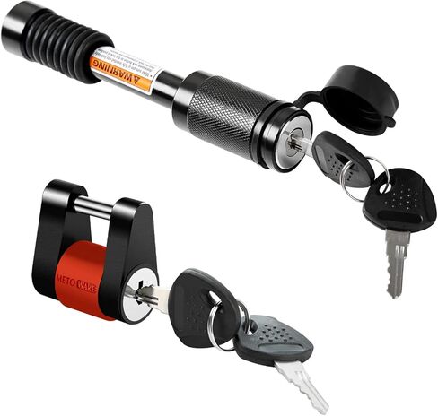 METOWARE Keyed Alike Trailer Lock Set, 5/8" Hitch Pin (3-1/2" Usable Length) for 2 & 2.5" Receivers (Class III IV V) & 1/4" Coupler Lock with Red Rubber Ring, Anti-Theft Towing Security, 4 Keys in Kuwait