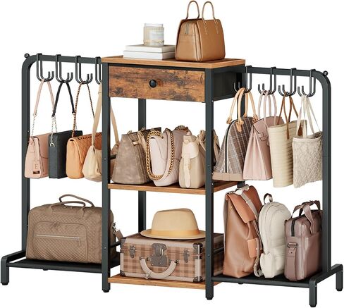 HOOBRO 3-Tier Purse Organizer for Closet, Purse Rack Stand with 8 Movable Hooks, Purse Storage Organizer, Floor-Standing Purse Shelf, High-Capacity Handbag Organizer, Rustic Brown and Black BF97CJ01 in Saudi Arabia