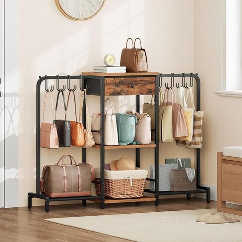 HOOBRO 3-Tier Purse Organizer for Closet, Purse Rack Stand with 8 Movable Hooks, Purse Storage Organizer, Floor-Standing Purse Shelf, High-Capacity Handbag Organizer, Rustic Brown and Black BF97CJ01 in Saudi Arabia