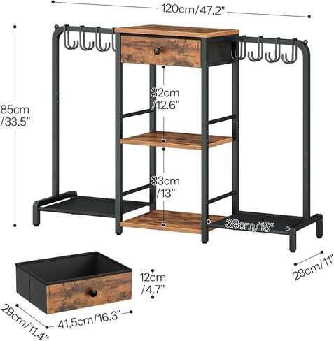 HOOBRO 3-Tier Purse Organizer for Closet, Purse Rack Stand with 8 Movable Hooks, Purse Storage Organizer, Floor-Standing Purse Shelf, High-Capacity Handbag Organizer, Rustic Brown and Black BF97CJ01 in Saudi Arabia