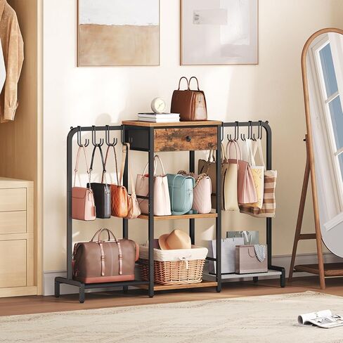 HOOBRO 3-Tier Purse Organizer for Closet, Purse Rack Stand with 8 Movable Hooks, Purse Storage Organizer, Floor-Standing Purse Shelf, High-Capacity Handbag Organizer, Rustic Brown and Black BF97CJ01 in Saudi Arabia