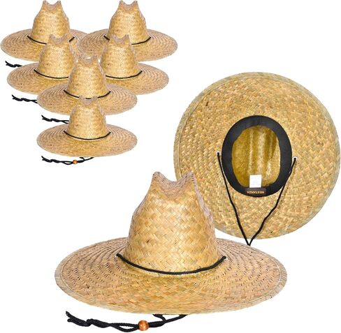6 Pack Straw Hats – Bulk Wide Brim Lifeguard Sun Hats for Men & Women with Adjustable Chin Strap in Saudi Arabia