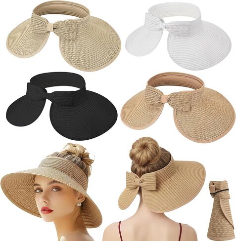 4 Pack Foldable Straw Sun Visor Hats for Women Wide Brim Summer Beach Hat Packable Ponytail Visors Beige Khaki Black White Adjustable Sun Protection in Kuwait