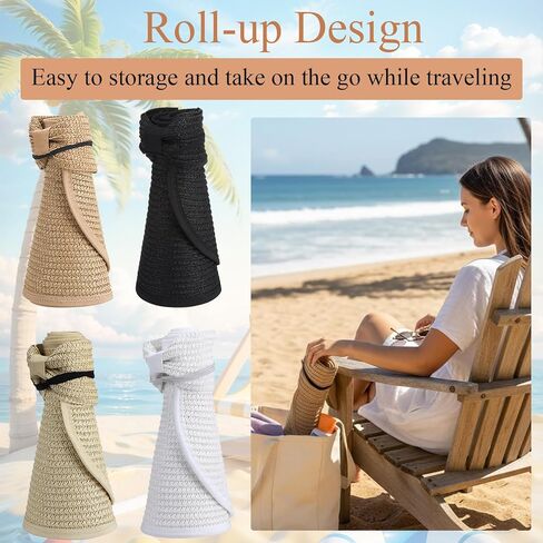 4 Pack Foldable Straw Sun Visor Hats for Women Wide Brim Summer Beach Hat Packable Ponytail Visors Beige Khaki Black White Adjustable Sun Protection in Kuwait