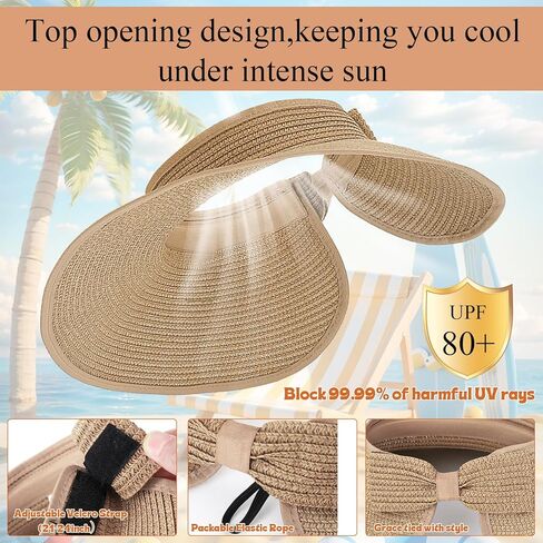 4 Pack Foldable Straw Sun Visor Hats for Women Wide Brim Summer Beach Hat Packable Ponytail Visors Beige Khaki Black White Adjustable Sun Protection in Kuwait