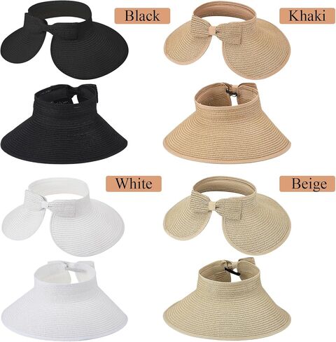 4 Pack Foldable Straw Sun Visor Hats for Women Wide Brim Summer Beach Hat Packable Ponytail Visors Beige Khaki Black White Adjustable Sun Protection in Kuwait