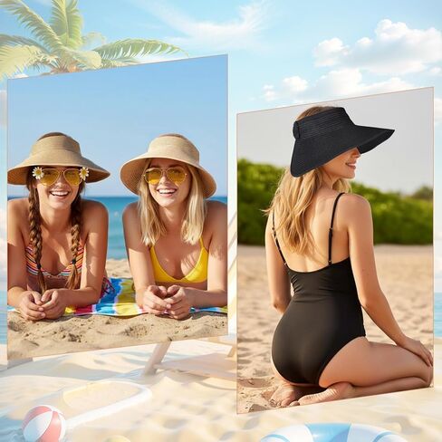 4 Pack Foldable Straw Sun Visor Hats for Women Wide Brim Summer Beach Hat Packable Ponytail Visors Beige Khaki Black White Adjustable Sun Protection in Kuwait
