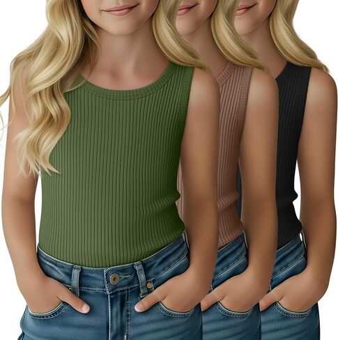 3 Pack Girl's Tank Top Ribbed Crew Neck Kids Undershirt Sleeveless Casual Layering Top Basic Summer Dance Shirts in Saudi Arabia