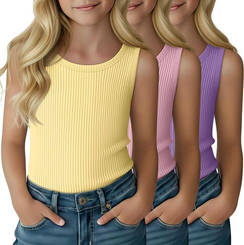 3 Pack Girl's Tank Top Ribbed Crew Neck Kids Undershirt Sleeveless Casual Layering Top Basic Summer Dance Shirts in Saudi Arabia