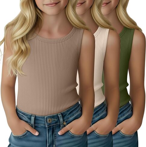 3 Pack Girl's Tank Top Ribbed Crew Neck Kids Undershirt Sleeveless Casual Layering Top Basic Summer Dance Shirts in Saudi Arabia