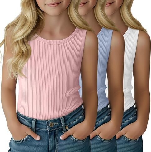 3 Pack Girl's Tank Top Ribbed Crew Neck Kids Undershirt Sleeveless Casual Layering Top Basic Summer Dance Shirts in Saudi Arabia