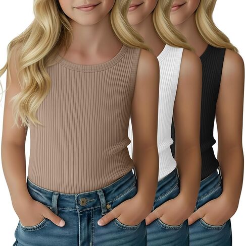 3 Pack Girl's Tank Top Ribbed Crew Neck Kids Undershirt Sleeveless Casual Layering Top Basic Summer Dance Shirts in Saudi Arabia