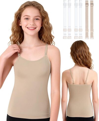 Girls Nude Camisole Tank Tops, Stretch Seamless Undershirts Comfortable Camis with Clear Straps in Saudi Arabia