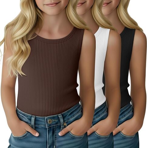 3 Pack Girl's Tank Top Ribbed Crew Neck Kids Undershirt Sleeveless Casual Layering Top Basic Summer Dance Shirts in Saudi Arabia