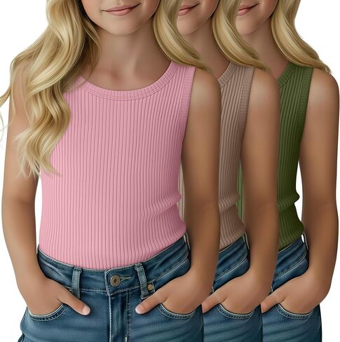 3 Pack Girl's Tank Top Ribbed Crew Neck Kids Undershirt Sleeveless Casual Layering Top Basic Summer Dance Shirts in Saudi Arabia