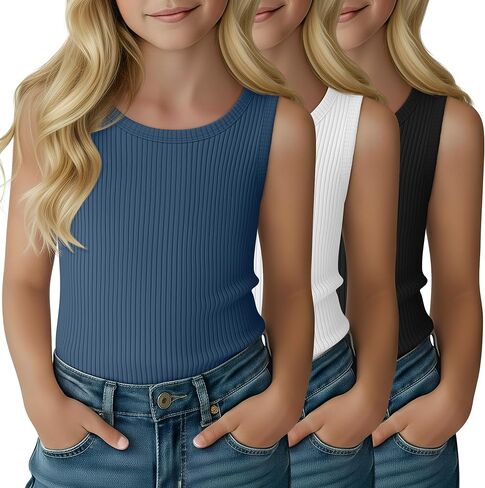 3 Pack Girl's Tank Top Ribbed Crew Neck Kids Undershirt Sleeveless Casual Layering Top Basic Summer Dance Shirts in Saudi Arabia