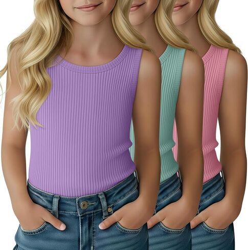 3 Pack Girl's Tank Top Ribbed Crew Neck Kids Undershirt Sleeveless Casual Layering Top Basic Summer Dance Shirts in Saudi Arabia