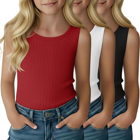 3 Pack Girl's Tank Top Ribbed Crew Neck Kids Undershirt Sleeveless Casual Layering Top Basic Summer Dance Shirts in Saudi Arabia