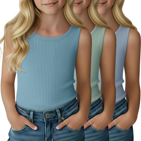 3 Pack Girl's Tank Top Ribbed Crew Neck Kids Undershirt Sleeveless Casual Layering Top Basic Summer Dance Shirts in Saudi Arabia