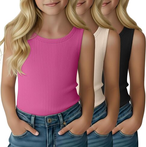 3 Pack Girl's Tank Top Ribbed Crew Neck Kids Undershirt Sleeveless Casual Layering Top Basic Summer Dance Shirts in Saudi Arabia
