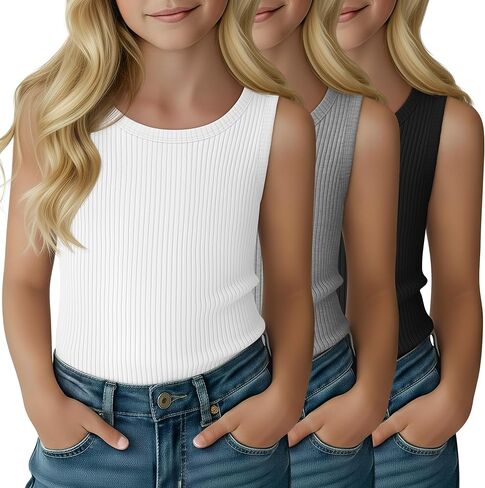 3 Pack Girl's Tank Top Ribbed Crew Neck Kids Undershirt Sleeveless Casual Layering Top Basic Summer Dance Shirts in Saudi Arabia