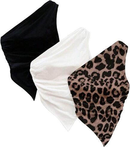 Girl's 3 Pack Asymmetrical Tank Tops Leopard Print One Shoulder Ruched Slim Fit Summer Crop Tops in Saudi Arabia