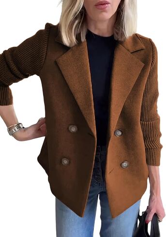 ebossy Women's Double Breasted Wool Pea Coat Notched Lapel Ribbed Knit Long Sleeve Sweater Short Blazer Jacket in Saudi Arabia