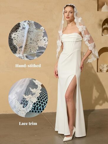 1-Tier Wedding Bridal Veil with Lace Edge & Metal Comb - 39" / 79" / 118" Wedding Veils for Brides, White or Ivory in Saudi Arabia