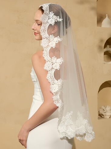 1-Tier Wedding Bridal Veil with Lace Edge & Metal Comb - 39" / 79" / 118" Wedding Veils for Brides, White or Ivory in Saudi Arabia
