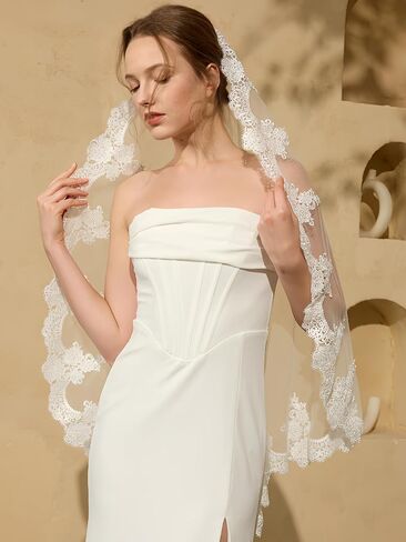 1-Tier Wedding Bridal Veil with Lace Edge & Metal Comb - 39" / 79" / 118" Wedding Veils for Brides, White or Ivory in Saudi Arabia