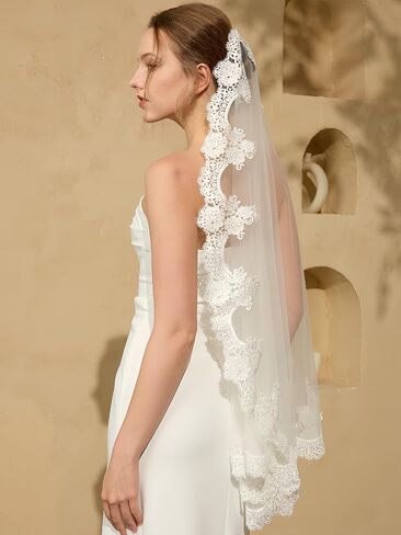 1-Tier Wedding Bridal Veil with Lace Edge & Metal Comb - 39" / 79" / 118" Wedding Veils for Brides, White or Ivory in Saudi Arabia
