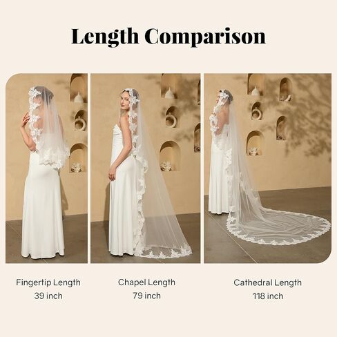 1-Tier Wedding Bridal Veil with Lace Edge & Metal Comb - 39" / 79" / 118" Wedding Veils for Brides, White or Ivory in Saudi Arabia