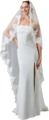 1-Tier Wedding Bridal Veil with Lace Edge & Metal Comb - 39" / 79" / 118" Wedding Veils for Brides, White or Ivory in Saudi Arabia