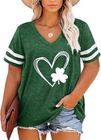 HDLTE Plus Size St Patricks Day Shirt Women Retro Irish Flag Graphic V-Neck Color Block Splicing Tops(2X-5X) in Saudi Arabia
