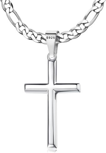 MILACOLATO 925 Sterling Silver Cross Necklace for Men Women - 5mm Durable 316L Stainless Steel Figaro Link Chain with Beveled Edge Cross Pendant, Silver Crucifix Necklaces Jewelry, 16-30'' Christian Baptism Gift in Saudi Arabia