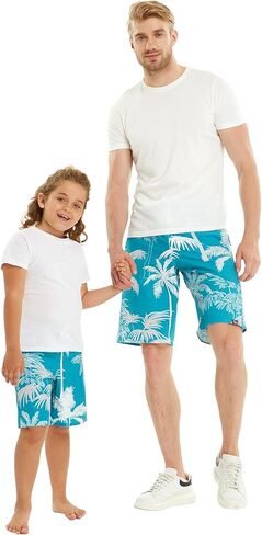 Father Son Matching Spandex Hawaiian Beach Board Shorts with Elastic Tie and Pocket in Blue Palms in Gray in Saudi Arabia