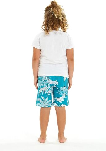 Father Son Matching Spandex Hawaiian Beach Board Shorts with Elastic Tie and Pocket in Blue Palms in Gray in Saudi Arabia