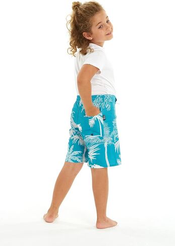 Father Son Matching Spandex Hawaiian Beach Board Shorts with Elastic Tie and Pocket in Blue Palms in Gray in Saudi Arabia