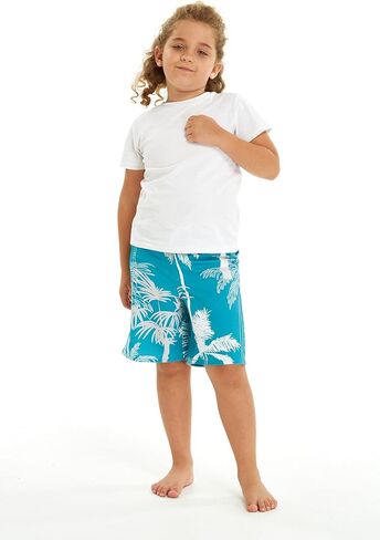 Father Son Matching Spandex Hawaiian Beach Board Shorts with Elastic Tie and Pocket in Blue Palms in Gray in Saudi Arabia