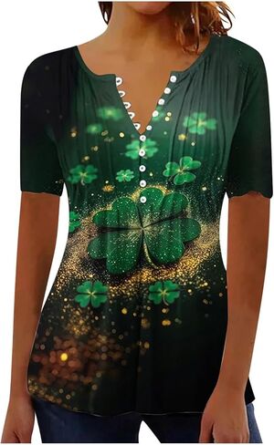 قميص يوم القديس باتريك للنساء، قميص شامروك بأكمام قصيرة، بلوزات كاجوال بأزرار ورقبة على شكل حرف V، بلوزات تونيك ملابس أيرلندية باللون الأخضر in Kuwait