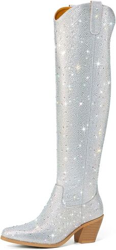 Rollda Rhinestone Cowboy Boots, Sparkly Over the Knee Cowgirl Boots, Pointed Toe Knee High Boots with Chunky Heel Thigh High Boots in Kuwait