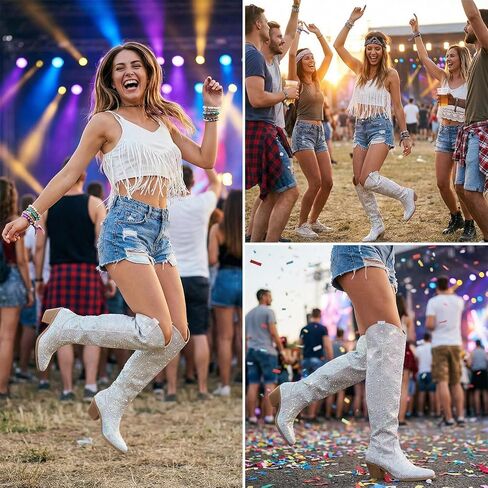 Rollda Rhinestone Cowboy Boots, Sparkly Over the Knee Cowgirl Boots, Pointed Toe Knee High Boots with Chunky Heel Thigh High Boots in Kuwait