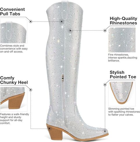 Rollda Rhinestone Cowboy Boots, Sparkly Over the Knee Cowgirl Boots, Pointed Toe Knee High Boots with Chunky Heel Thigh High Boots in Kuwait