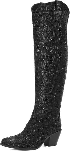 Rollda Rhinestone Cowboy Boots, Sparkly Over the Knee Cowgirl Boots, Pointed Toe Knee High Boots with Chunky Heel Thigh High Boots in Kuwait