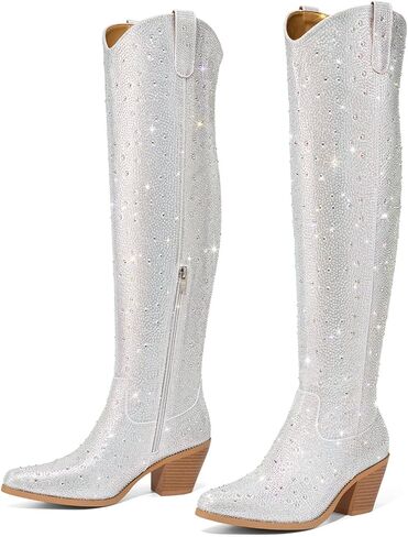 Rollda Rhinestone Cowboy Boots, Sparkly Over the Knee Cowgirl Boots, Pointed Toe Knee High Boots with Chunky Heel Thigh High Boots in Kuwait