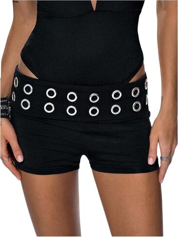 Verdusa Women's Y2K Grommet Eyelet Fold Over Shorts Micro Mini Shorts Rave Outfits in Saudi Arabia