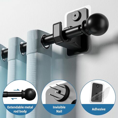 No Drill Curtain Rod for Windows 25 to 86 Inch - 2.0 Dual-Fix Adhesive & Invisible Nail, 5/8" Adjustable Black Curtain Rod No Drilling, Renter Friendly for Apartments & Dorms in Saudi Arabia