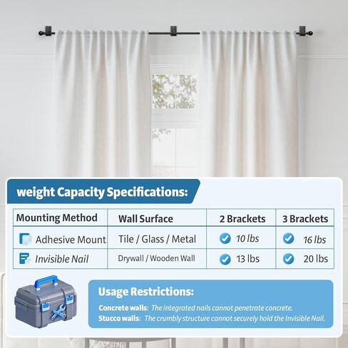 No Drill Curtain Rod for Windows 25 to 86 Inch - 2.0 Dual-Fix Adhesive & Invisible Nail, 5/8" Adjustable Black Curtain Rod No Drilling, Renter Friendly for Apartments & Dorms in Saudi Arabia