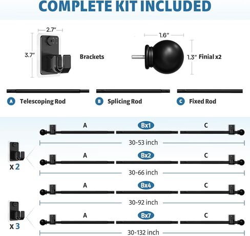 No Drill Curtain Rod for Windows 25 to 86 Inch - 2.0 Dual-Fix Adhesive & Invisible Nail, 5/8" Adjustable Black Curtain Rod No Drilling, Renter Friendly for Apartments & Dorms in Saudi Arabia